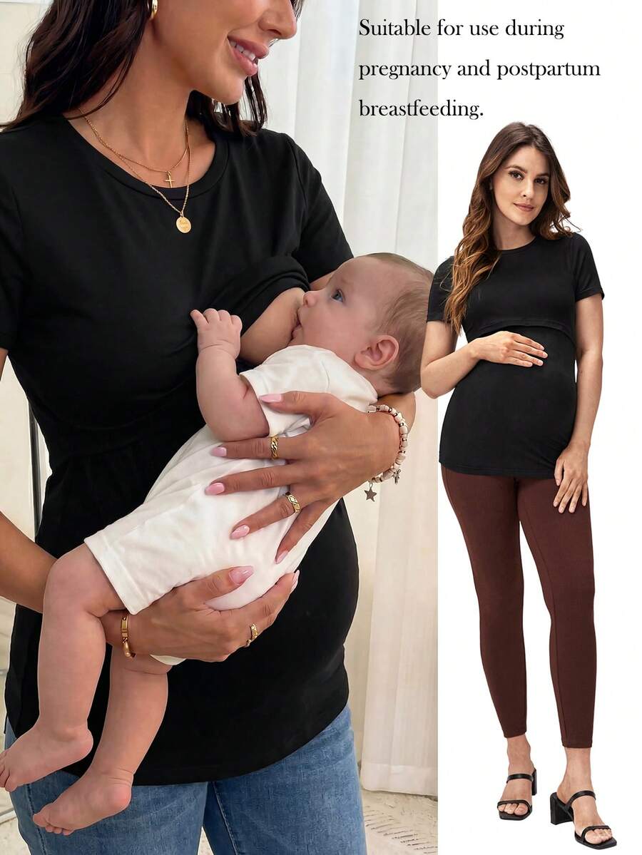 Slowluna Maternity Solid Nursing Tee World Cup - Black - View 1