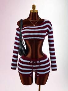 Amplova Women's Vintage Asymmetrical Neck Mini Super Short Knitted Striped Set For Home Party And Back To School - Blue - View 13