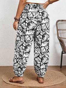 SHEIN Frenchy Celana Panjang Wanita Motif Tropis dengan Simpul di Depan, Model Pinggang Tinggi, Cocok untuk Liburan Musim Panas - Hitam dan Putih - View 4