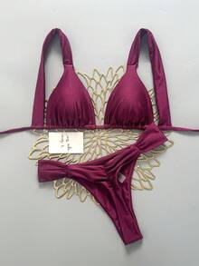 SHEIN Swim 女款性感海灘度假純色時尚熱門色掛脖綁帶＋後背綁帶比基尼上衣，性感抓皺後背＋側腰抓皺設計比基尼褲，街頭風音樂節派對泳池泳衣套裝 - 酒紅色 - 查看 1