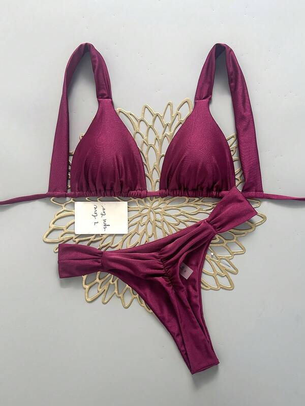Swim Vcay Conjunto de biquíni feminino sexy para praia e férias, cor lisa, moda popular, top com laço halter e laço nas costas, parte de baixo com franzido nas costas e franzido lateral na cintura, estilo street para festival de música, festa e piscina