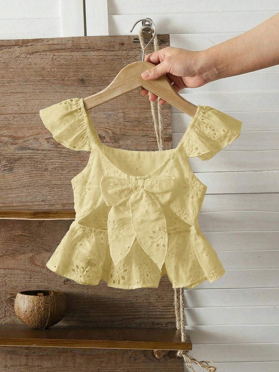 SHEIN LMoss Kids 女童刺繡蝴蝶結背心上衣,百搭夏季度假穿搭 - 芥末黃 - 查看 1