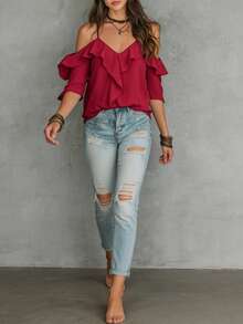 LUMIGAL Women's Solid Color Ruffle Hem Elegant Charming Sexy Camisole - Burgundy - View 3