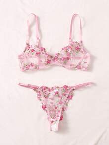 QuietHaus Embroidery Sheer Mesh Underwire Bra & Panty Lingerie Set - Pink - View 5