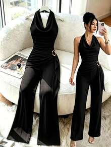 Qadelle Women's Brown Jumpsuit Summer Outfit With Gold Accessories Vacation Outfits Women Beach Vacation Outfits For Women - Black - View 1