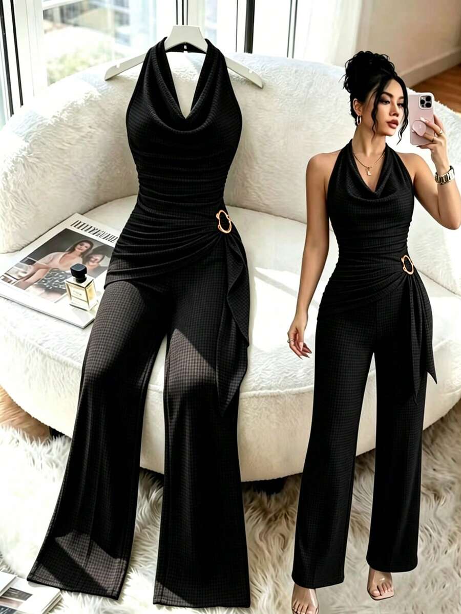 Qadelle Women's Brown Jumpsuit Summer Outfit With Gold Accessories Vacation Outfits Women Beach Vacation Outfits For Women - Black - View 1
