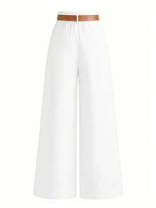 SHEIN Tall CURVE 加大码 TALL 系列女士简约褶裥直筒裤，适合通勤 - 白色 - 查看 2
