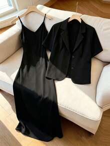 GlowEve Women's Solid Color Short Sleeve Lapel Neck Single-Breasted Blazer And Camisole Dress Elegant Suit Set - Black - View 1