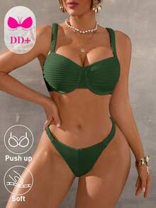 Swim DD+ 女款純色紋理比基尼套裝，含胸罩與三角泳褲 - 軍綠色 - 查看 5
