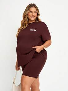 Plussiva Plus-Size Maternity Brown Letter Print T-Shirt And Shorts Two-Piece Set. Adjustable Elastic Waistband. Summer Casual Athletic. Gym - Brown - View 3