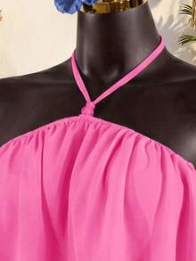 SaltGleam SaltGleam Sexy Summer Beach Club Vacation Backless Camisole Top With Beaded Decor, Asymmetrical Hem, Double Layer Flowy Ruffle Trim, Paired With Skirt - Hot Pink - View 4