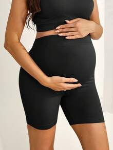 SHEIN Maternity Solid Color Adjustable Waist Casual Sports Shorts Gym Black Summer - Black - View 2