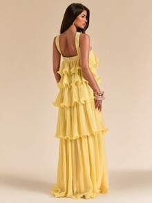 SHEIN BAE Gaun Panjang Lebar Berlapis-lapis Berlipit dengan Leher Halter dan Punggung Terbuka Warna Kuning Polos untuk Musim Semi/Panas, Gaun Elegan - Kuning muda - View 2