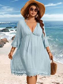 Swim Lushoire V-Neck Lace Patchwork Flare Sleeve Plus Size Cover Up - Blue - View 5