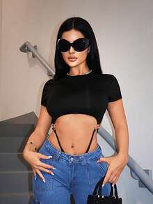 SHEIN SXY 大尺碼時尚性感純色鏤空連身衣 - 黑色 - 查看 7