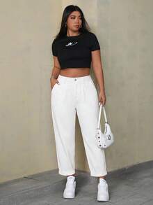 SHEIN ICON Plus Size Women's Pocket Tapered Casual Versatile Denim Jeans - White - View 6