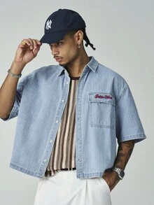 ÉpureWay Men's Casual Street Style Striped Embroidered Blue Denim Short Sleeve Shirt - Light Wash - View 6