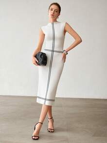 MOTF PREMIUM WOMEN'S ELEGANT CONTRAST TRIM SLIT SWEATER DRESS - White - View 5