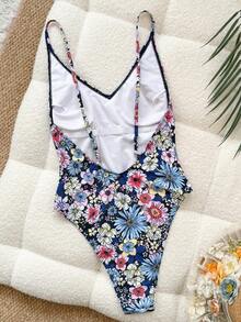 Swim Lushoire 女款龍蝦印花露背極簡性感熱帶波希米亞風連身泳衣 海灘派對度假海軍藍花卉夏季款 - 彩色 - 查看 2