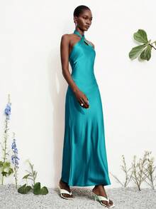 Aveloria Modichic Fashionable Elegant Slim Fit Sexy Satin Halter Neck Solid Color Dress - Blue - View 4