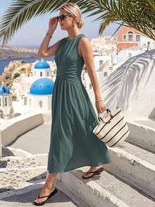 Linhara CURVE Vestido Casual Sem Mangas para Mulheres Plus Size, Uso Diário, Férias, Pastoral e Praia - Verde Oliva - Visão 4