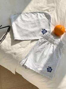 Comfortcana 95%棉夏季休閒海軍藍女款花卉圖案兩件套 - 淺灰色 - 查看 3
