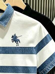 Manfinity Hypemode 復古丹寧風藍白對比條紋 Polo 衫，小馬標誌印花，藝術短袖上衣，男女款圖案 T 恤，夏季休閒日常穿著與外出百搭上衣 - 彩色 - 查看 3