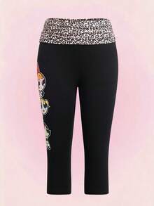 THE POWERPUFF GIRLS X SHEIN Women's Waist Spliced Leopard Print Leggings - Black - View 3