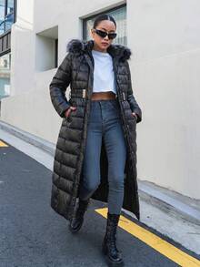 Premium Quality, Elasticated Belted, Fur Hooded Maxi Puffer Winter Coat - Black - View 3