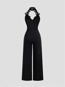SHEIN Elenzya Jumpsuit Model Halter Tanpa Punggung dengan Dekorasi Aplikasi Elegan untuk Musim Panas Ukuran Plus - Hitam - View 2