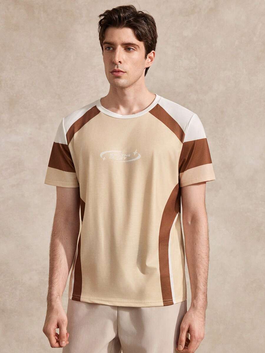 Courvante Men's Casual Colorblock Letter Print Short Sleeve T-Shirt, Summer - Apricot - View 1