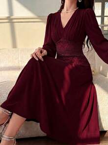 Feyla Women's Pleated Lace Patchwork Elegant Dress - Burgundy - View 5