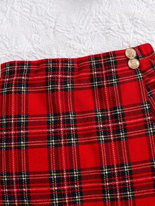 SHEIN Tween Girl Autumn/Winter Cute Knit Red Checked Long Sleeve Top Elastic Waist Plaid Shorts Set, Casual Elegant Outfit Back-To-School School - Red - View 7