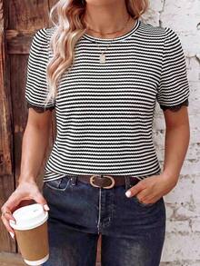 EMERY ROSE Women's Spring/Summer New Hot-Selling Striped Knit Patchwork Ruffle Design Casual Versatile T-Shirt - Black and White - View 5