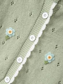GlowEve CURVE Plus Size Elegant 3D Floral Contrast Color Wavy Trim Button Round Neck Long Sleeve Cardigan - Green - View 6