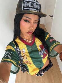 Coolane 女款夏季音樂節復古街頭風運動風數字印花大版棒球球衣T恤 - 綠色 - 查看 2