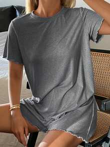 Livesso 2pcs Women's Comfortable Solid Color Minimalist Knit Wavy Hem T-Shirt And Shorts Pajama Set, Summer Home Wear - Dark Grey - View 3