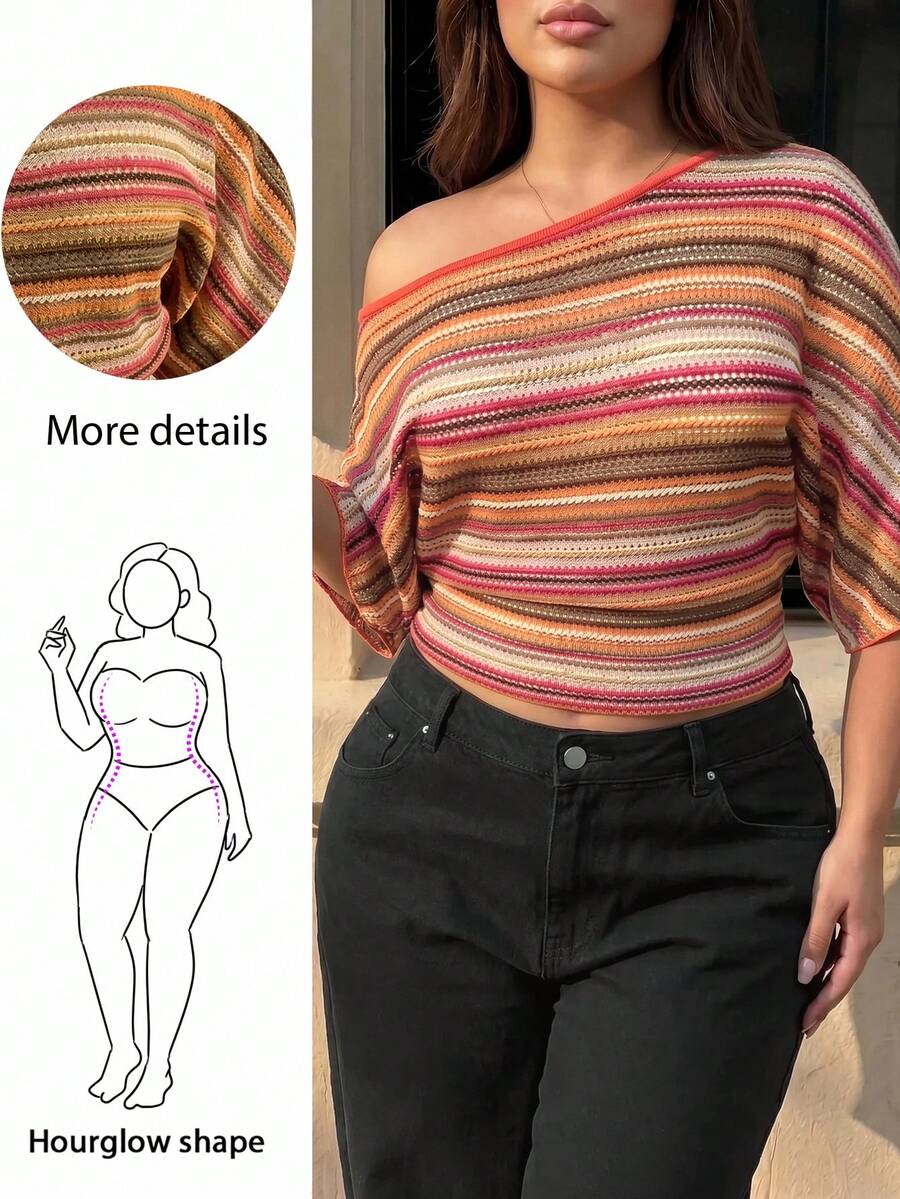 Hourglow Bohemian Boho Burnt Orange Sequin Asymmetrical Neck Short Sleeve Plus Size Top, Perfect For Spring/Summer Holidays Vacations, For Hourglass Body Shape - Multicolor - View 1