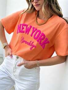 DrmWander Plus Size Women's Letter Towel Embroidery Round Neck Short Sleeve Casual T-Shirt - Orange - View 3