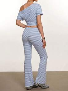 Rina Fox Women's Striped One-Shoulder Batwing Sleeve Top And Flare Pants Casual Set - Blue - View 2