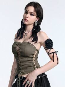 ROMWE Y2K Women's Solid Color Sexy Eyelet Tie Design Fashion Versatile Date Club Concert Outing Bandeau Top Halloween Olive Green Summer - Army Green - View 7