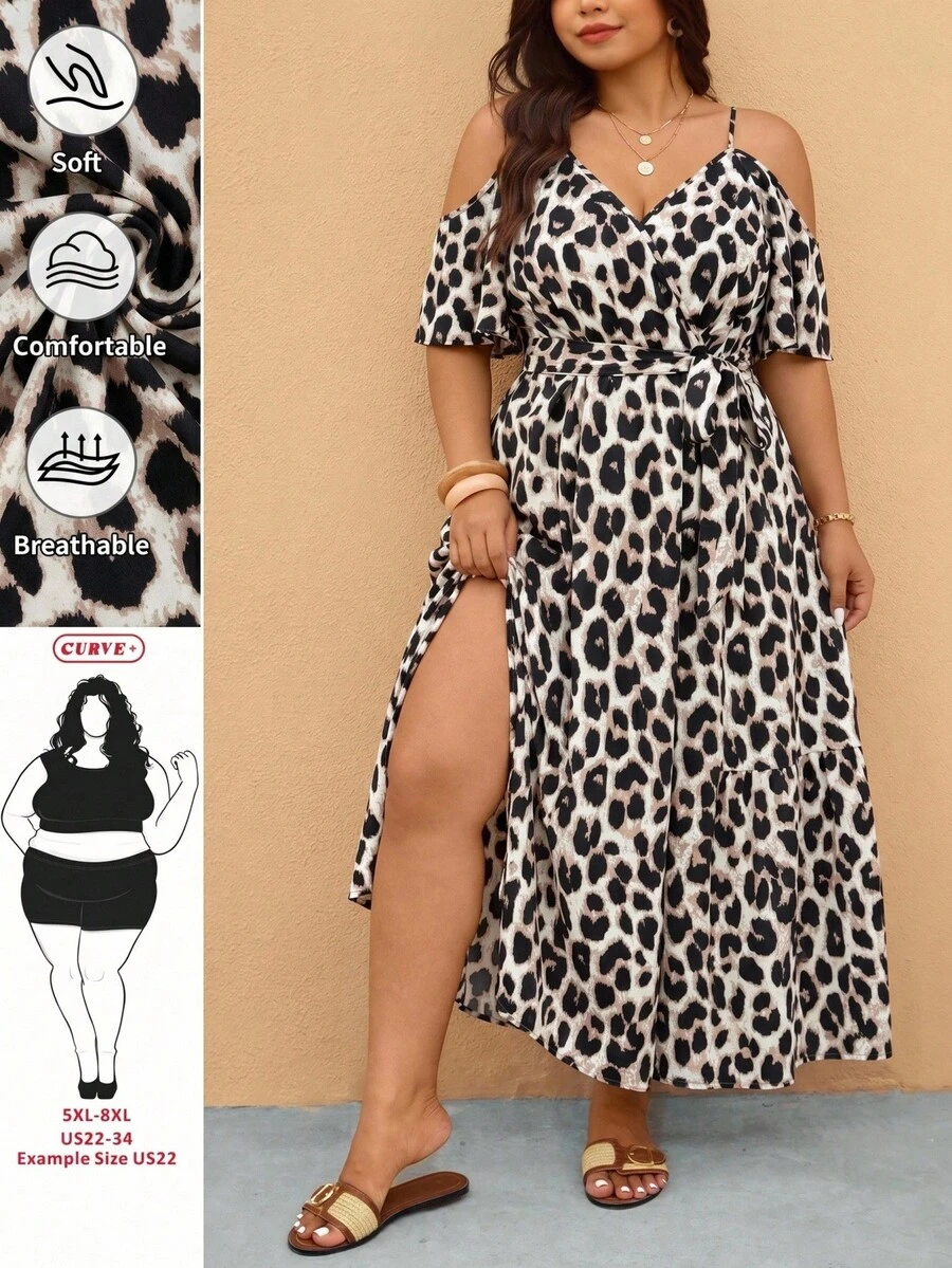 SHEIN CURVE+ 22號大尺碼女款音樂節海灘度假波希米亞風休閒度假洋裝，夏季純色露肩高開衩下擺綁腰設計