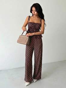 SHEIN PETITE Women's Vacation Casual Tropical Sexy Brown And White Polka Dot Print Camisole Long Pants 2 Pieces Set,Petite Beach Summer - Coffee Brown - View 7