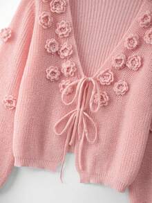 GlowEve CURVE Plus Size Elegant 3D Flower V-Neck Tie Bow Flared Long Sleeve Cardigan - Pink - View 6
