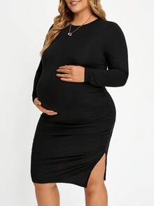 Plussiva Gaun Kasual Pas Badan Ukuran Plus untuk Ibu Hamil, Warna Polos, Leher Bulat, Lengan Panjang - Hitam - View 7