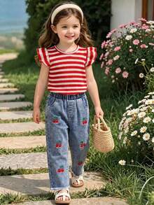 SHEIN Elladie kids 女童夏季亮紅飛袖上衣與牛仔長褲兩件套，精緻櫻桃刺繡點綴，甜美吸睛，簡約版型舒適隨性，適合外出、散步、派對與休閒穿搭 - 紅色 - 查看 10