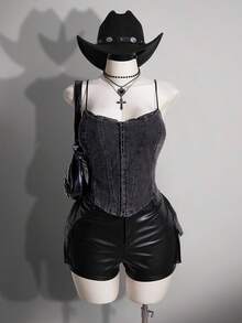 SHEIN ICON 大尺碼女款蕾絲飾邊休閒牛仔風 1960s 百搭日常丹寧細肩帶背心上衣，適合外出、約會之夜、早午餐、女生之夜、萬聖節，深色水洗 - 深色水洗藍 - 查看 5