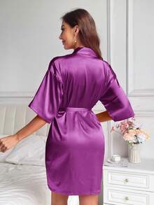 Moireta Women's Solid Color Waist Tie Casual Daily Home Sleepwear - Purple - View 2