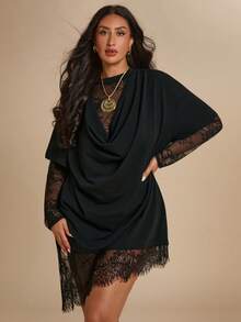 SHEIN BAE CURVE (NO Dress)Plus Size Women's Black Lace Patchwork Top,Everyday Casual T-Shirt,Autumn Solid Color Asymmetrical Hem T-Shirt,Spring & Summer ,Black Top - Black - View 1
