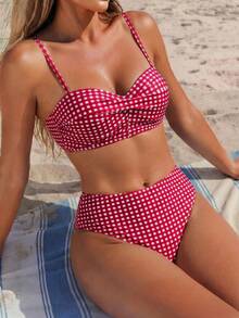 SHEIN Swim Women Bikini Sets Kain genggang Lucu - Red and White - View 5
